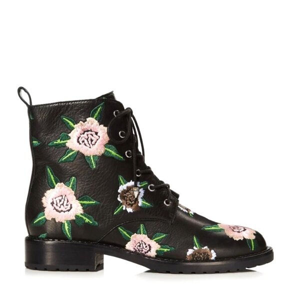 NEW Rebecca Minkoff Black Floral Embroidered Gerry Lamb Leather Combat Boots - Picture 2 of 6